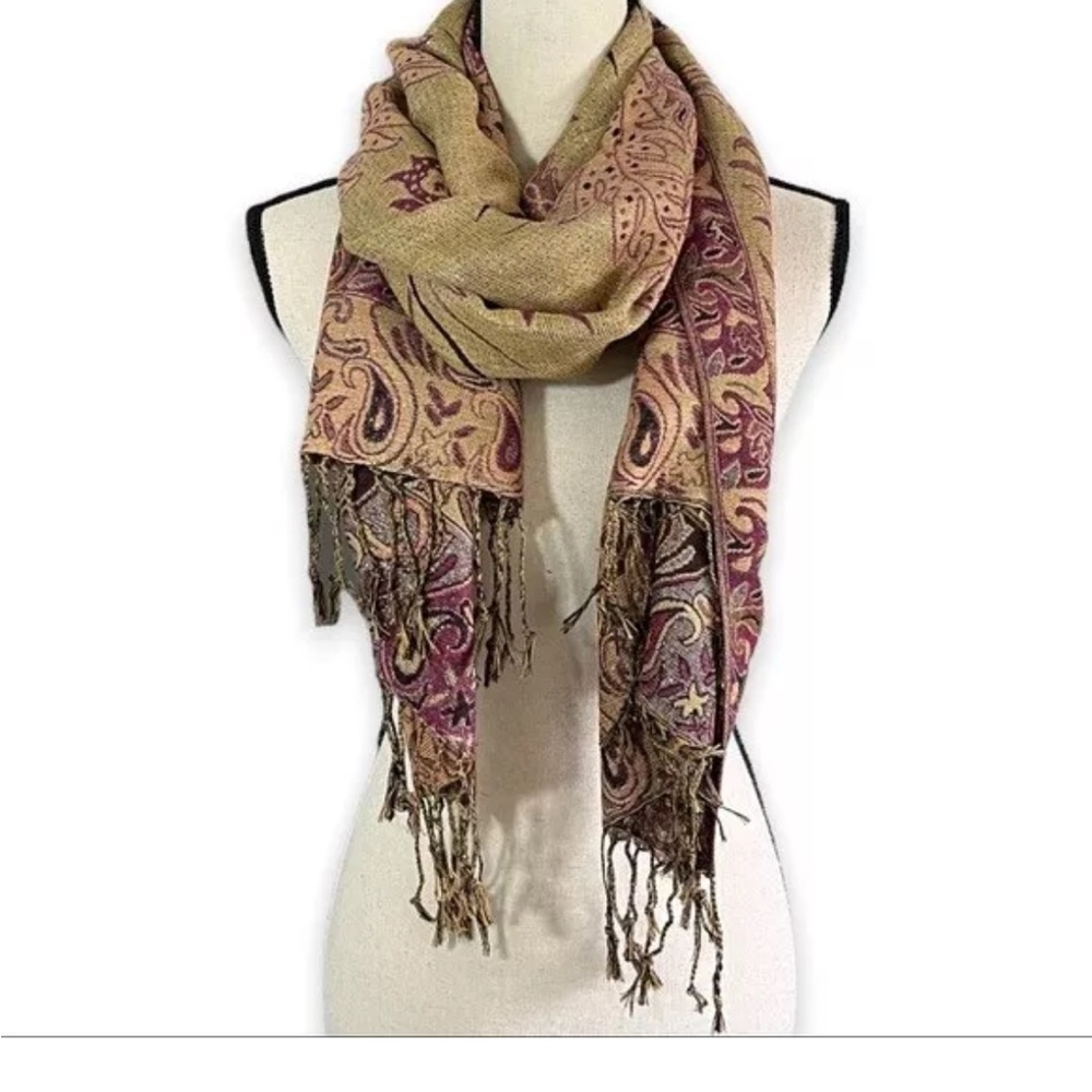 Pashmina / Large Paisley Print Metallic Gold and Magenta Tasseled Scarf